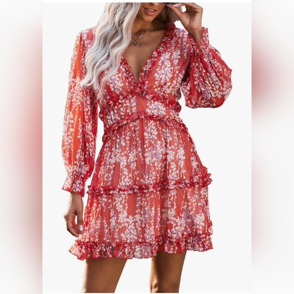 Red Floral Ruffle Aline Swing Open Back Dress sz large